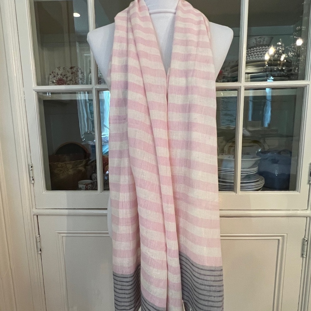 Meg Cohen Cotton Striped Scarf, Pink White & Gray, 28 x 73 Inches